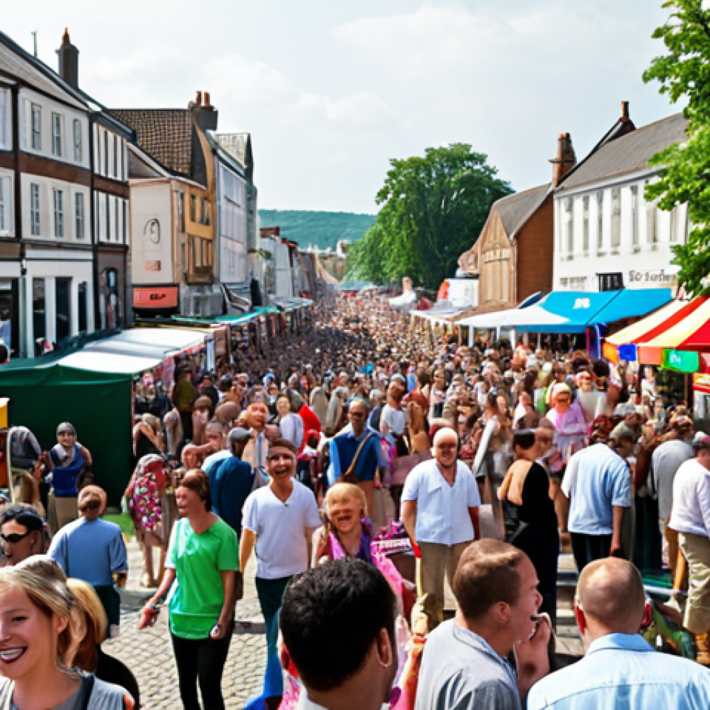 A bustling town festival scene. People are smiling and enjoying themselves, with food stalls, games, and live music in the background. Focus on the joy and community spirit. Include elements that suggest the festival almost didn't happen.