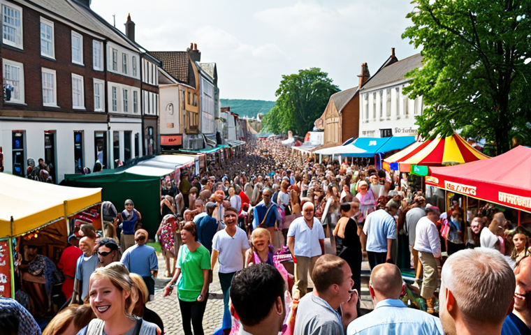 A bustling town festival scene. People are smiling and enjoying themselves, with food stalls, games, and live music in the background. Focus on the joy and community spirit. Include elements that suggest the festival almost didn't happen.